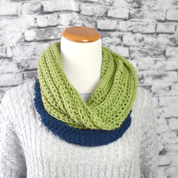 Hand Crocheted Olive and Navy Cowl Infinity Scarf - Picture 3 of 5